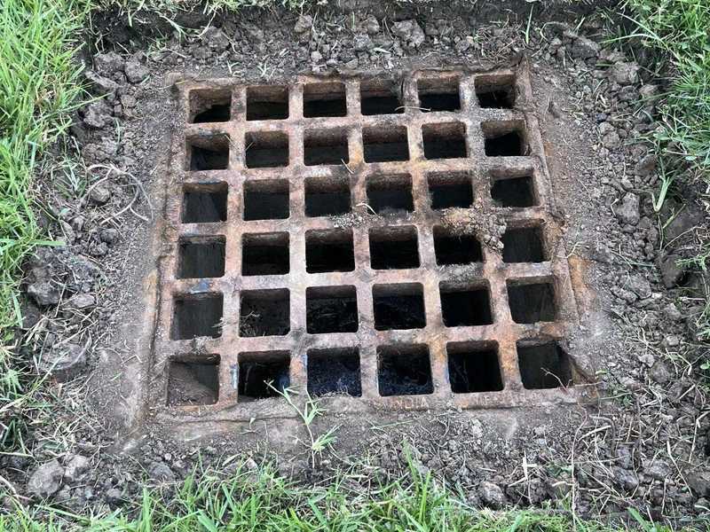Close-up of a cleaned storm drain inlet grate surrounded by cleared soil and grass, showing improved drainage access after vegetation and debris removal.