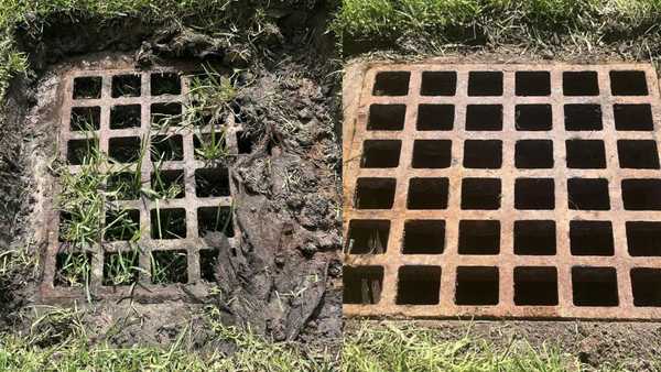 Side-by-side comparison of a storm drain inlet before and after cleaning, showing mud, grass, and debris removal to restore drainage flow through the grate.