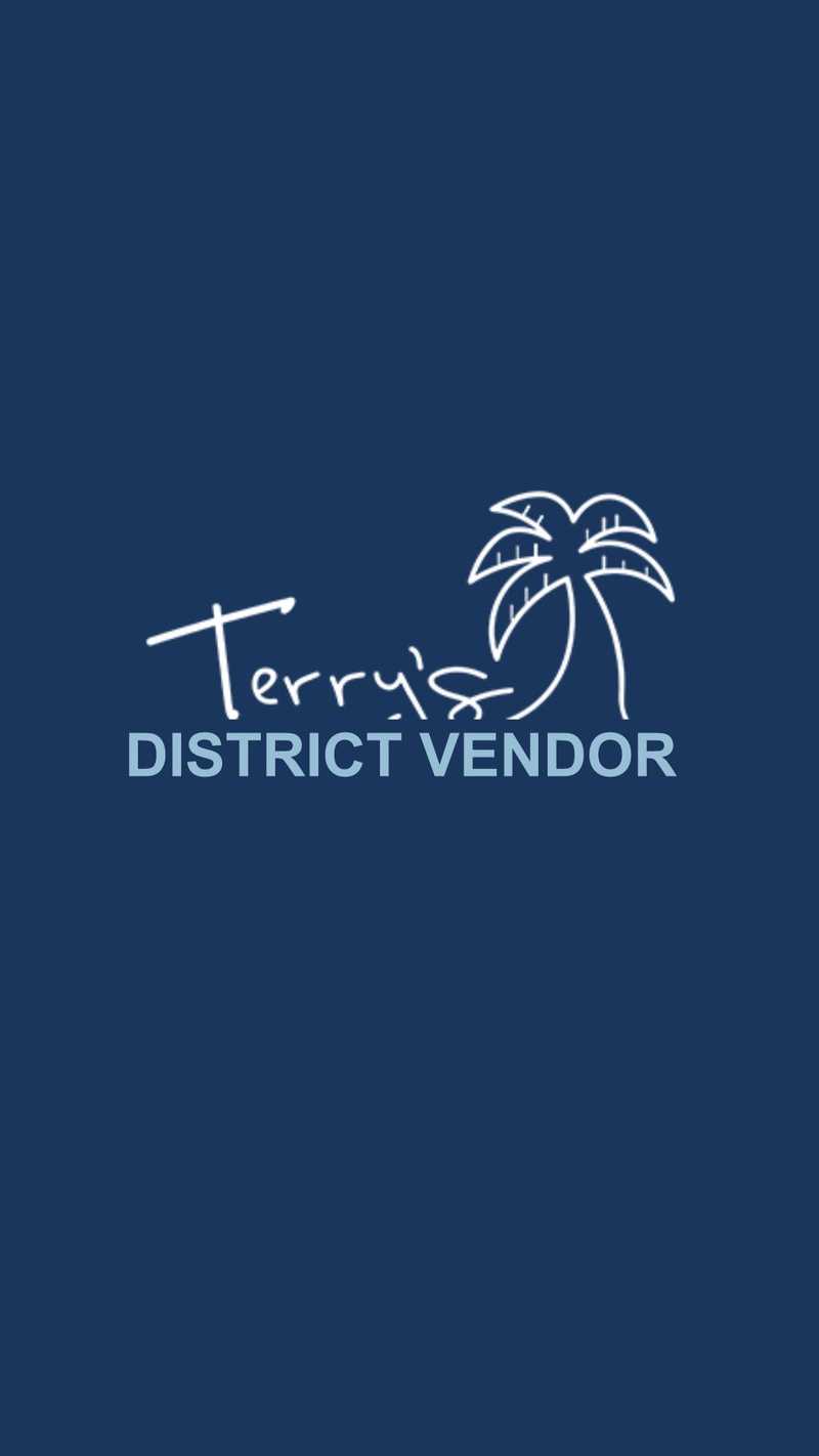 Terry’s Landscape LLC logo with a palm tree illustration above the words “DISTRICT VENDOR” in large light-blue text on a dark blue background.